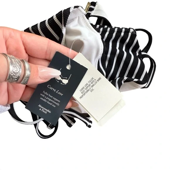 NWT Abercrombie & Fitch Black and White Curve Love Tie- Strap Striped Bikini Top - Picture 4 of 7